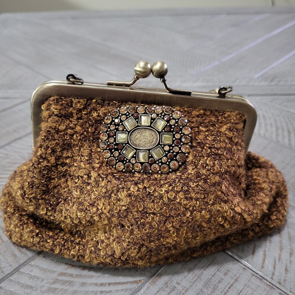Liz Soto Handbag Faux Wool Beaded Handle Art Deco Polka Dot Lining